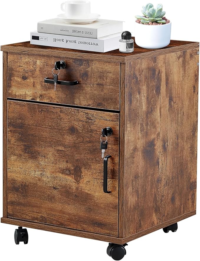 TUKAILAi Mobile File Cabinet with Lockable Drawer & Door, Under Desk Rolling Filing Cabinet with 4 Wheels, Wooden Stationery Storage Cabinet for Home Office (Rustic Brown)