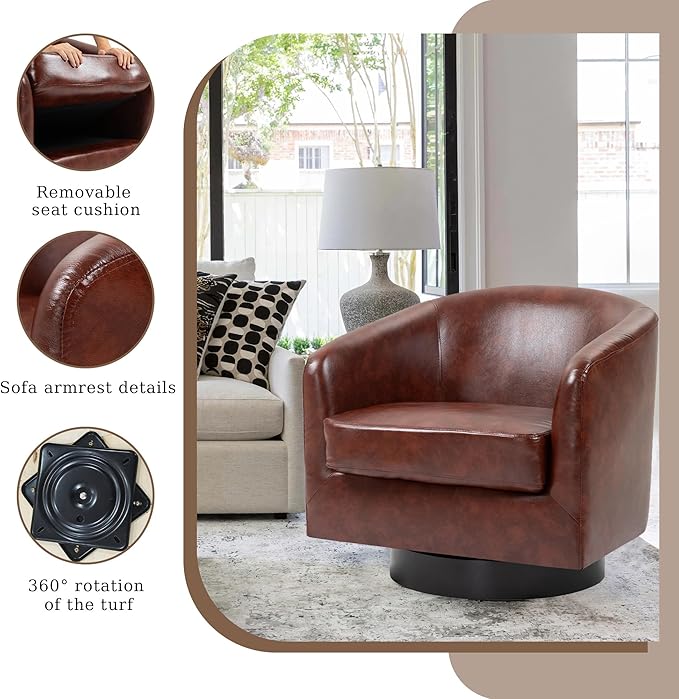 UIXE Faux Leather Swivel Accent Chairs Set of 2, Modern Upholstered Barrel Chairs for Living Room, Comfy Round Armchair Single Sofa Bedroom Reading Seat - 31" W, Red Brown