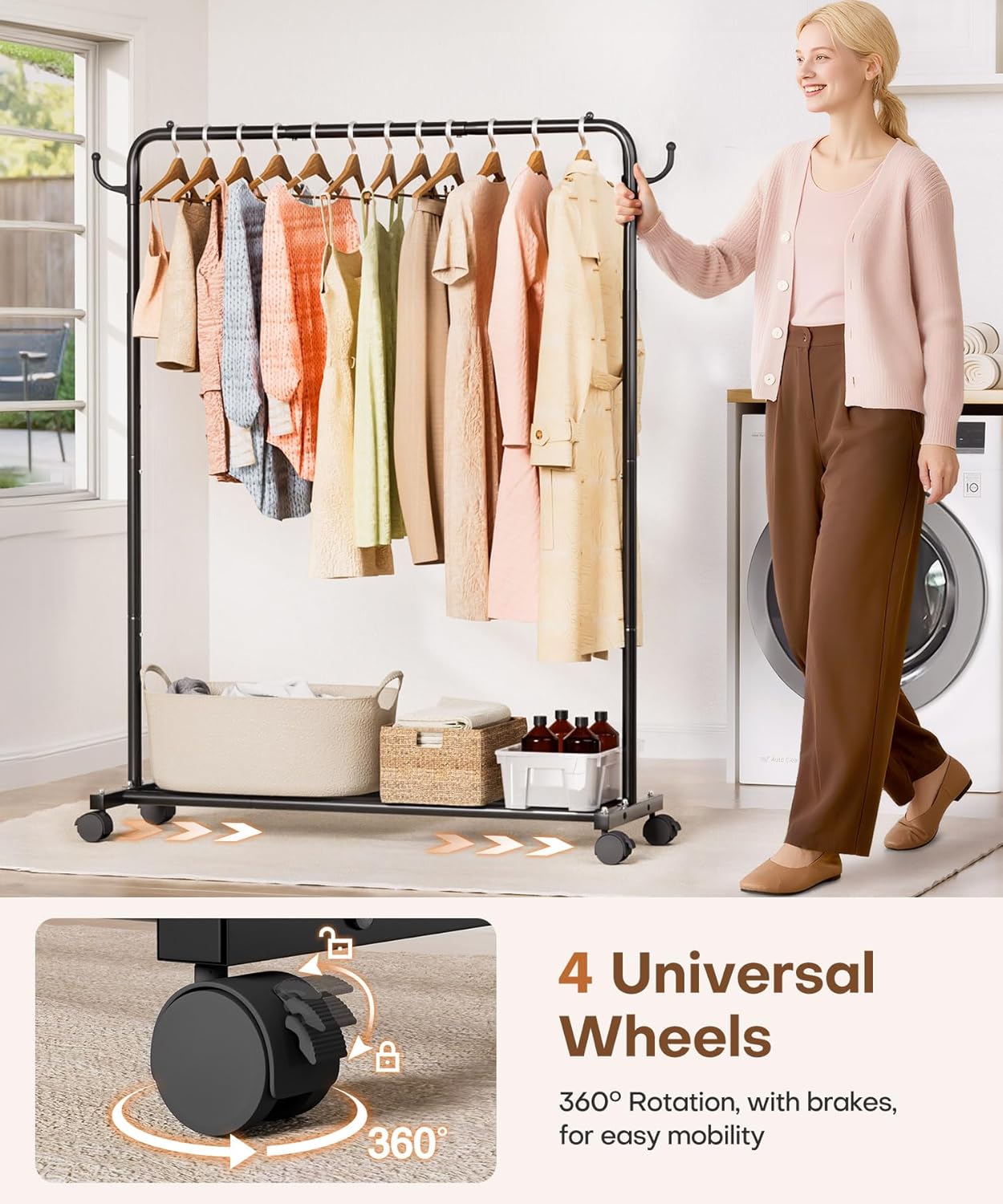 Homde Heavy Duty Clothes Rack: 120lb Standing Garment Storage for Indoor - Rolling Hanging Rod for Bedroom Laundry Room - Coat Dress Organizer on Wheels with luggage shelf (Black，46")