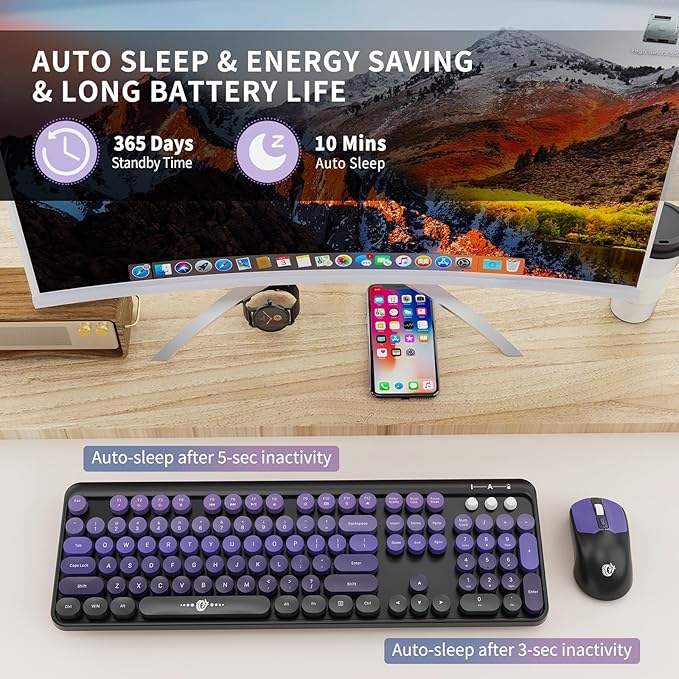 FOPETT Wireless Keyboard and Mouse Combo - 2.4G Full-Sized Cute Colorful Mouse and Keyboard with 104 Round Keys Retro Typewriter Keyboard for Laptop/Windows/PC - Purple Gradient