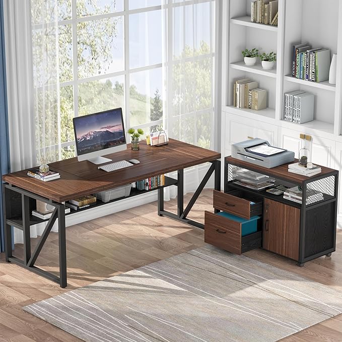 Tribesigns L Shaped Desk with Drawer Cabinet, 63" Executive Computer Desk and lateral File Cabinet, 2 Piece Home Office Furniture with Drawers for Hanging, Doors with Locks (Dark Brown, 63 inches)