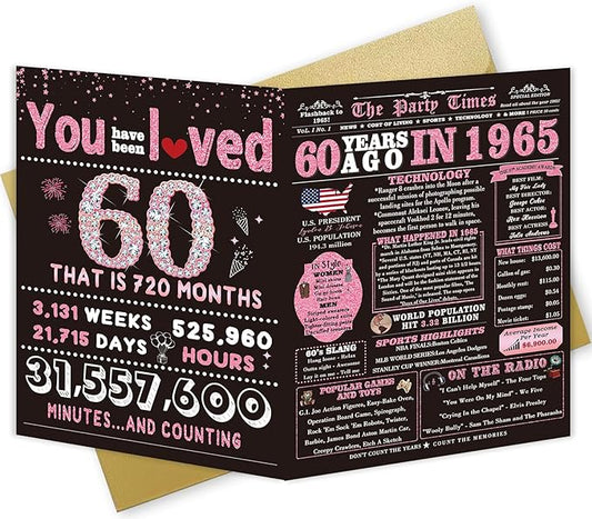 Big 60th Birthday Decorations,60th Birthday Card Gifts for Women,60th birthday decorations for woman,60 Year Old Birthday Card Gifts for Sister Friends, Back in 1965 Birthday Card, Rose Pink Gold
