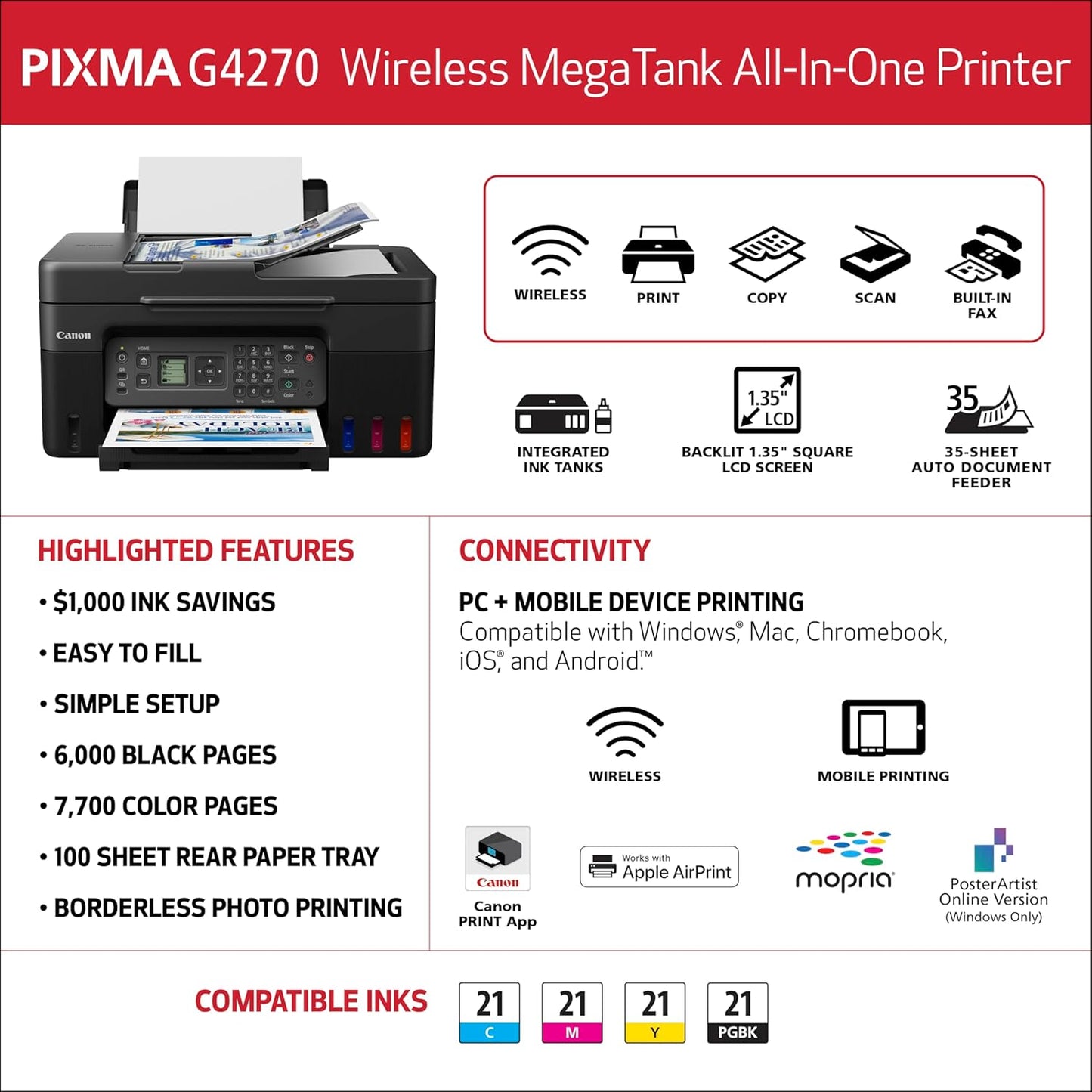 Canon Megatank G4270 All-in-One Wireless Supertank Printer |Print, Copy, Scan and Fax|with Airprint and Mopria Printing|Auto Document Feeder and Backlight 1.35" Square LCD Screen