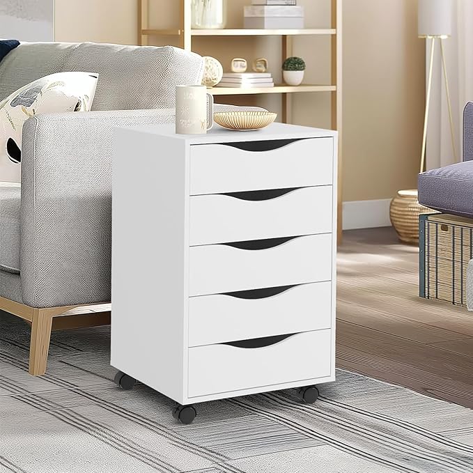 QDSSDECO 5 Drawer Chest Wood File Cabinet Rolling Storage Dresser with Wheels for Home Office, White