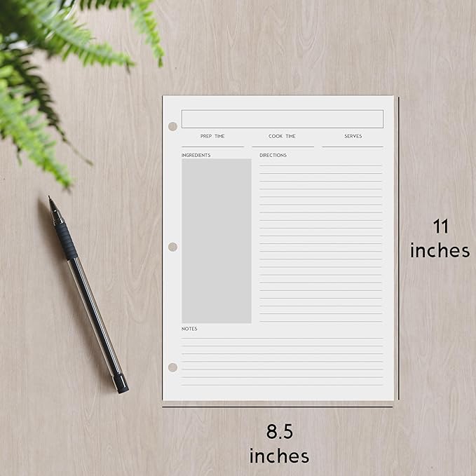 Recipe Card Set, 3-Hole Punched (Set of 30), 8.5 x 11 inch, 200 GSM Insert Card, Letter Size for Saving Recipes