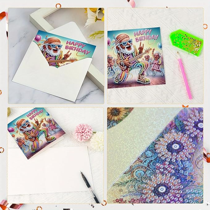 6 Pieces Diamond Art Painted Greeting Cards, Trendy Music Elderly 5D DIY Special Shape Diamond Card Creative Gifts, Christmas Thanksgiving Greeting Cards Congratulation