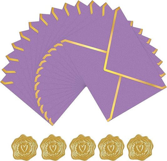 60 Pack Gold Envelopes 5x7 Bulk Purple, 250G Pearled Cardstock A7 Envelopes for Invitations Business Mailing Envelope with Gold Foil Border, A6 4x6 Envelopes for Wedding Baby Shower Cards