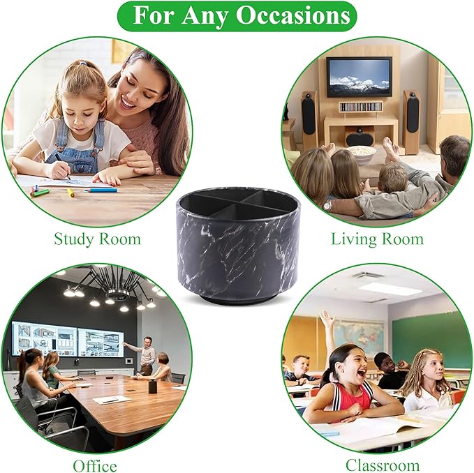 Round Leather Art Supply Organizer,Remote Control Holder,360-degree Rotating Pen Organizer with 4 Compartments(1-Marble Black Silver)