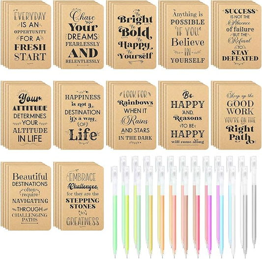 60 Pcs Mini Inspirational Notebooks Bulk with 60 Pcs Colorful Pens, Small Pocket Journal Notepads Set, Motivational Bulk Gifts for Women Men Teacher Student Kids, Fun School Office Supplies,3.5"x5.5"