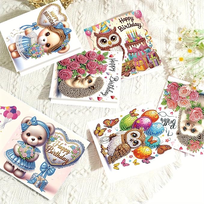 Tontut 6 Pieces Diamond Art Painted Greeting Cards, Owl Hedgehog Bear 5D DIY Special Shape Diamond Card Creative Gifts, Christmas Thanksgiving Greeting Card Congratulation