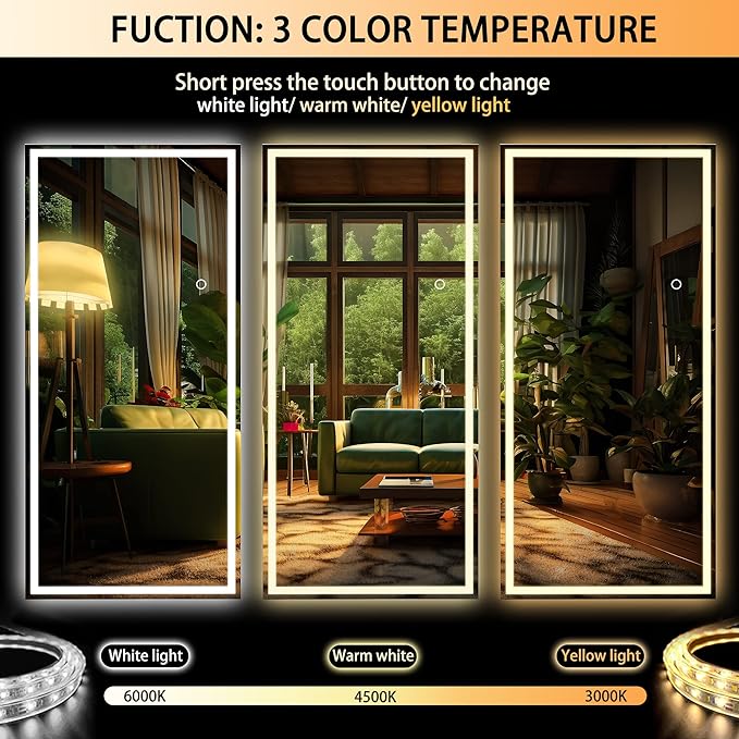 Hasipu Full Length Mirror with Lights, 79" x 32" LED Lighted Floor Standing Mirror, Full Body Dressing Hanging Mounted Mirrors, Dimmable, Tempered Glass, Safe to Use, Square Black