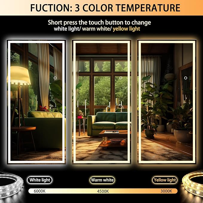 Hasipu Full Length Mirror with Lights, 79" x 36" LED Lighted Floor Standing Mirror, Full Body Dressing Hanging Mounted Mirrors, Dimmable, Tempered Glass, Safe to Use, Square White