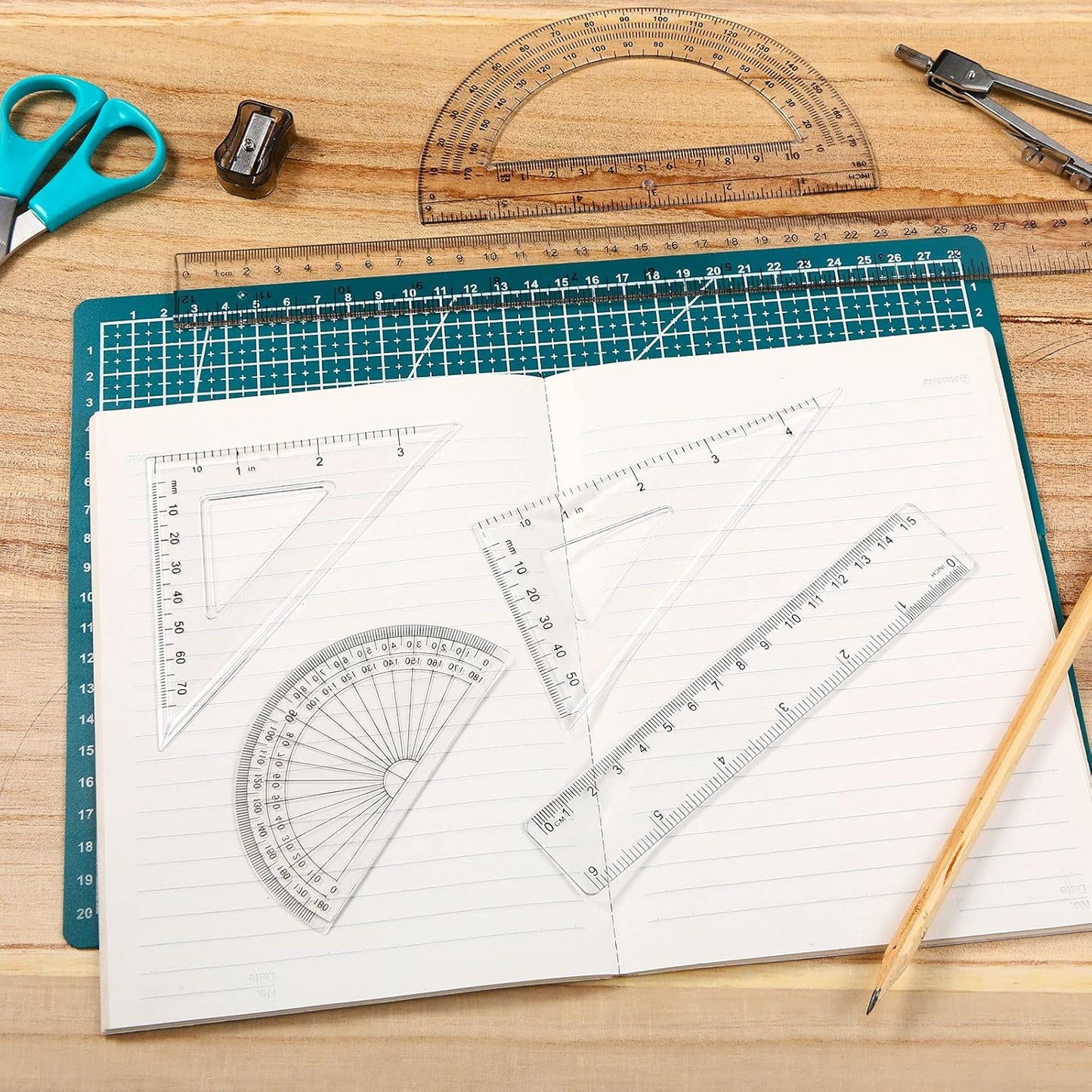 Tenare 18 Pcs Plastic Clear Math Set Includes Protractor Triangle Rulers 12 Inch 6 Inch Straight Geometry Math Transparent Ruler Measuring Tool for School Office Home Supplies