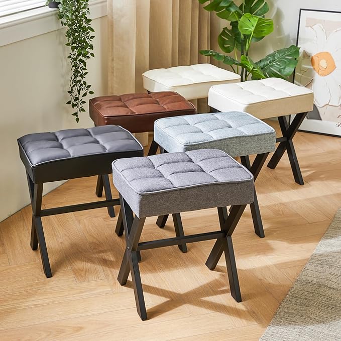 IBUYKE Square Makeup Stool with X-Leg Foot Rest, PU Footrest, Ottoman Seat Vanity Stool, Multi-Use as Small Side Table, for Bedroom, Living Room, Black LG-71B