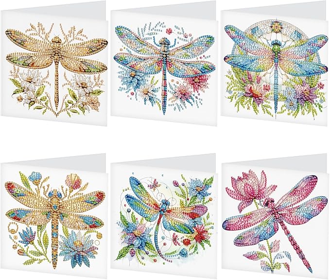 Tontut 6pcs Diamond Art Painting Kit Greeting Card, Colourful Dragonfly 5D DIY Diamond Handmade Holiday Glitter Greeting Card with Envelope, Holiday Gift Congratulation