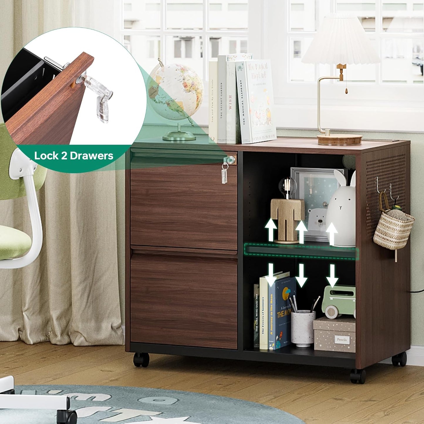 Letaya Mobile 2 Drawer File Cabinet with Lock, Metal Lateral Printer Stand Filing Storage Cabinets with Shelves for Home Office-A4/F4/Letter (Charging Socket)