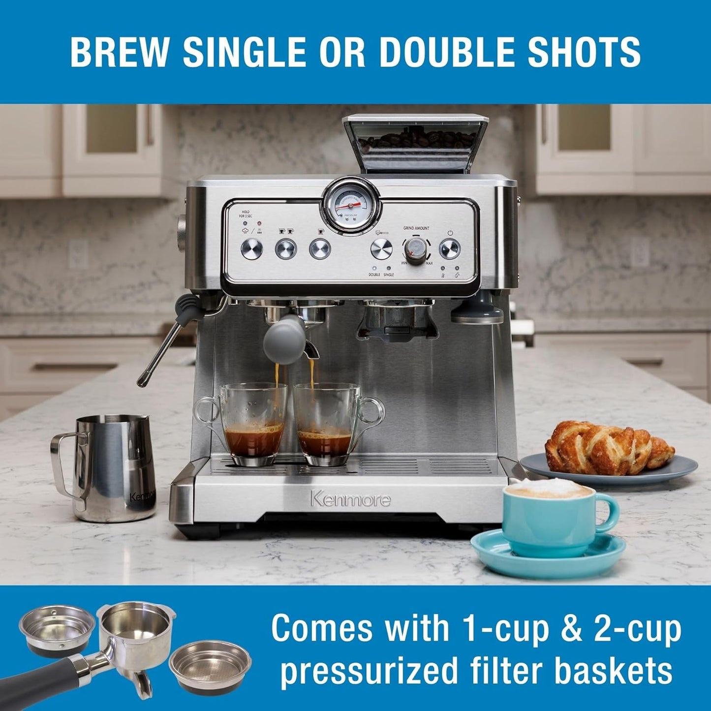 Kenmore Espresso Machine - Semi Automatic Coffee Maker With Auto Tamper, Auto Cleaning, Milk Steamer & Frother, Bean Grinder, Make Professional Barista Style Cappuccino, Café Latte, Stainless Steel