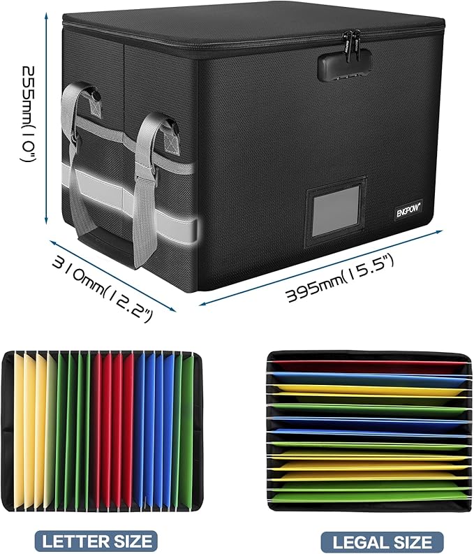 ENGPOW File Box with Lock, Fireproof Document Box with Inserts,Collapsible File Storage Organizer Box Filing Box with Handle,Portable Home Office Safe Box for Hanging Letter/Legal Folder,2 Pack