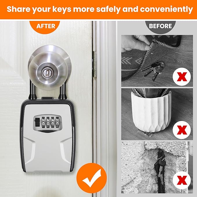 Portable Key Lock Box, Lock Box Wall Mounted for House Key, Car Keys, 6 Key Capacity, Weatherproof Resettable Code (2 Pack, Grey)