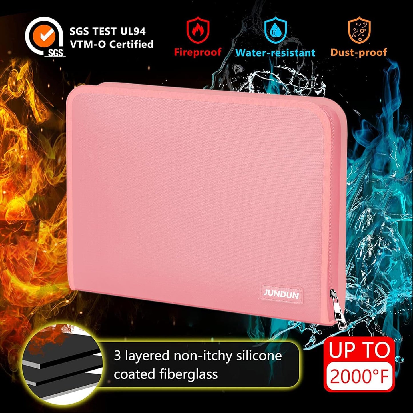 JUNDUN Accordion File Organizer - 12 Pocket Expanding File Folder with Zipper & Labels - Fireproof File Folder Organizer with Multi-Pockets,Document Organizer for Letter A4 Files and More (Pink)