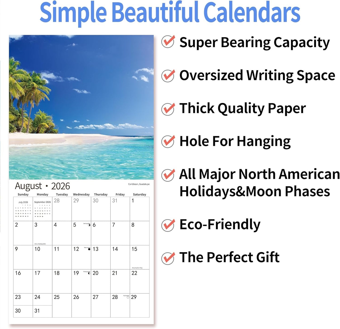 2026 Wall Calendar,Calendar 2026, July 2025 - December 2026, Wall Calendar Beaches Island, 12" x 24" Opened,Full Page Months Thick & Sturdy Paper for Calendar Organizing & Planning