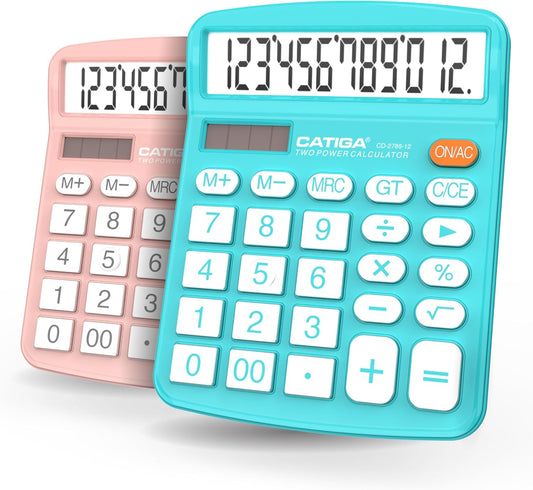 CATIGA Desktop Calculator (2 Pack) 12 Digit with Large LCD Display and Sensitive Button, Solar and Battery Dual Power, Standard Function for Office, Home, School, CD-2786 (Light Blue/Light Pink)
