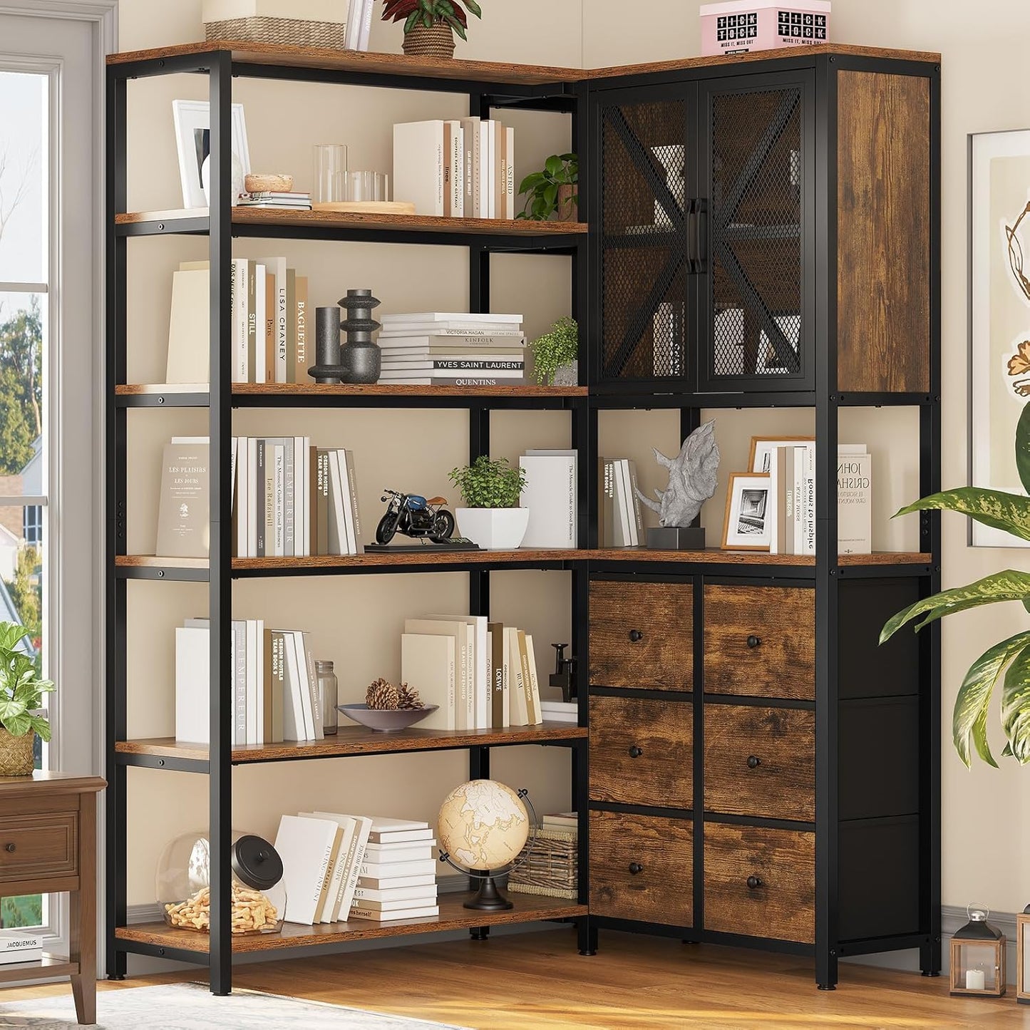 Corner Bookshelf, 6 Tier Industrial Convertible Bookshelf with 6 Fabric Drawers, Corner Bookcase Large L Shaped Storage Display Shelf for Home Office, Living Room, Kitchen, Rustic Brown