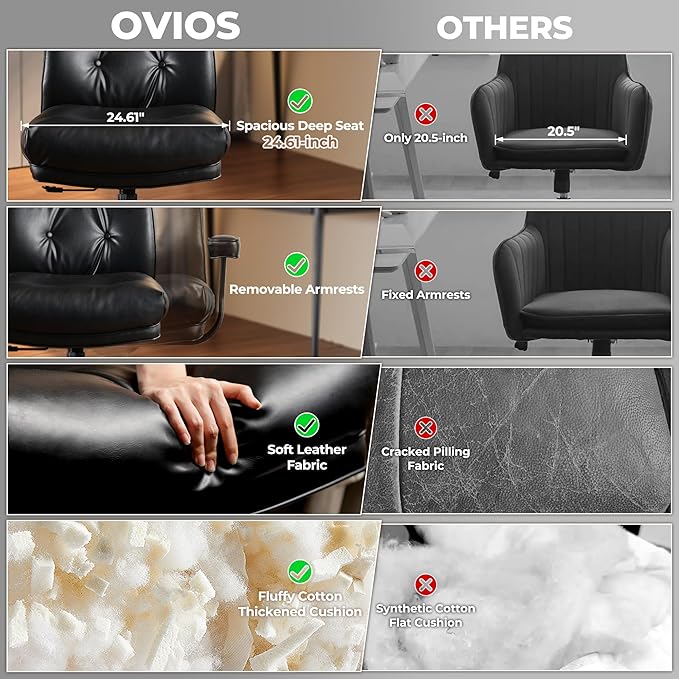 ovios Home Office Chair, Mid-Century Modern Faux PU Leather Chairs with Lumbar Support Comfy Thick Cushion, High Back Ergonomic Swivel Rolling Executive Armchair (Black, PU Leather)