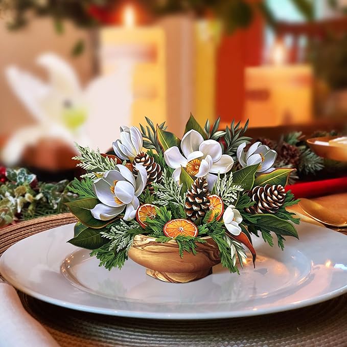 Freshcut Paper Pop Up Cards, Mini Winter Magnolia (Set of 2), 6 Inch Mini Sized Forever Flower Bouquet 3D Popup Greeting Card, Christmas Cards, Holiday Card, Blank Notecard & Envelope