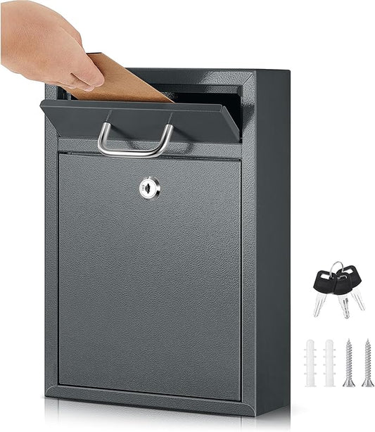 Locking Mailbox with Key for Outdoor 12.2 x 8.5 x 3 Inches Large Wall Mount Mail Box with Lock Security Mail Drop Metal Collection Boxes Hanging Secure Postbox(Dark Gray)