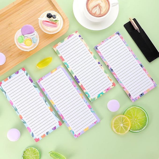 4 Pack Magnetic Note Pad for Fridge with Pen Holder, Totally 200 Sheets Grocery List Magnet Pad for Refrigerator Magnetic Shopping List Pad（Floral Design）