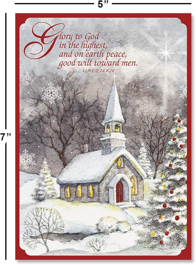 Current Snowy Church Personalized Religious Christmas Cards with Envelopes - Set of 18 Large 5 x 7-Inch Folded Cards, Faith Holiday Card Value Pack, Add Names or Text