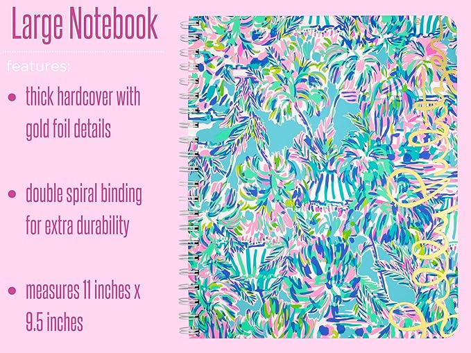Lilly Pulitzer Large Blue Hardcover Spiral Notebook, 11" x 9.5" with 160 College Ruled Pages, Cabana Cocktail
