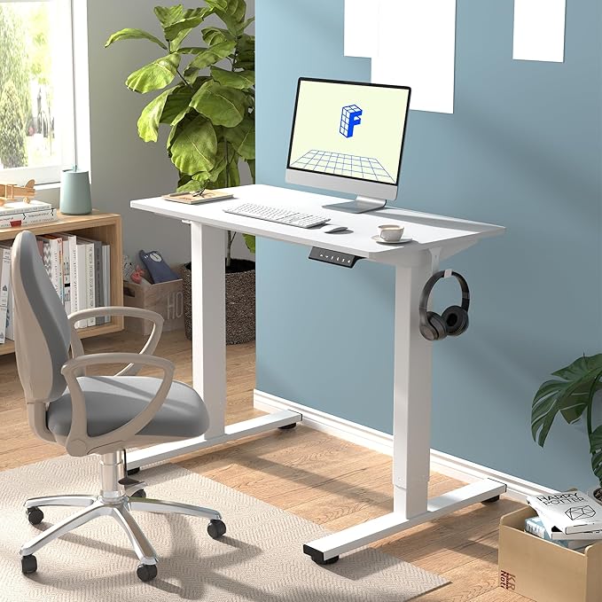 FLEXISPOT EN1 One-Piece Adjustable Height Desk 40 x 24 Inches Whole Piece Desktop Small Standing Desk for Small Space Electric Sit Stand Home Office Table (White Frame + White Desktop)