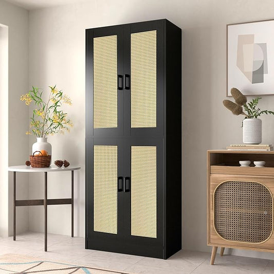 Black Rattan Kitchen Pantry, 71" Tall Storage Cabinet with Doors, Boho Hutch for Dining Room