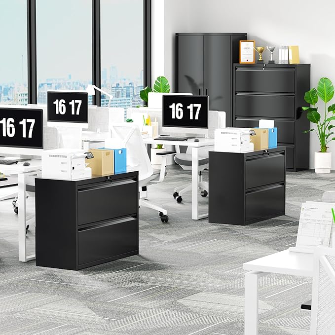 Superday Lateral File Cabinet 2 Drawer Metal File Cabinet with Lock, Black Filing Cabinets for Home Office, Locking Filing Cabinets Hanging Files Letter/Legal/F4/A4