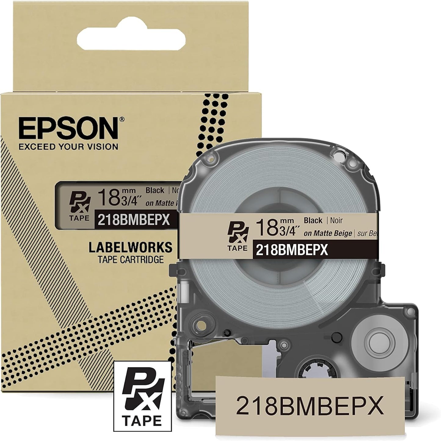 Epson LABELWORKS 218BMBEPX Genuine PET (Polyester) Tape Cartridge - Black on Matte Beige Designer Craft Label Maker Tape - 3/4" (18MM) Wide, 26'