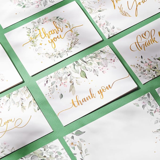 24 Pack Watercolor Thank You Cards with 24 Envelopes 24 Stickers 6 Designs Gold Letter Greeting Note Cards Thank You Notes Round Envelope Seal Stickers for Wedding Graduation(Fresh Style)