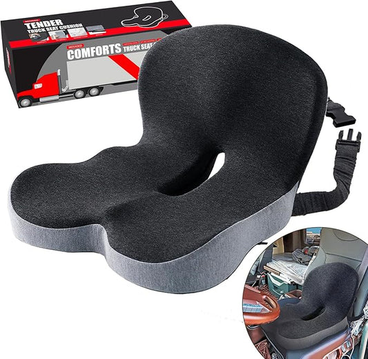 Seat Cushion for Truck Driver, Memory Foam Truck Seat Cushion with Adjustable Strap – Ergonomic Back Support & Sciatica Relief for Long Drives, Semi Truck Accessories
