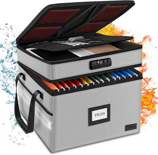 Fireproof Document Box with Lock, 2-Layer File Box Storage Organizer with 5 Tabs& Insert, Portable File Cabinet Storage Box with Handle for Hanging Letter/Legal Size Folder/Certificate, Silver Grey