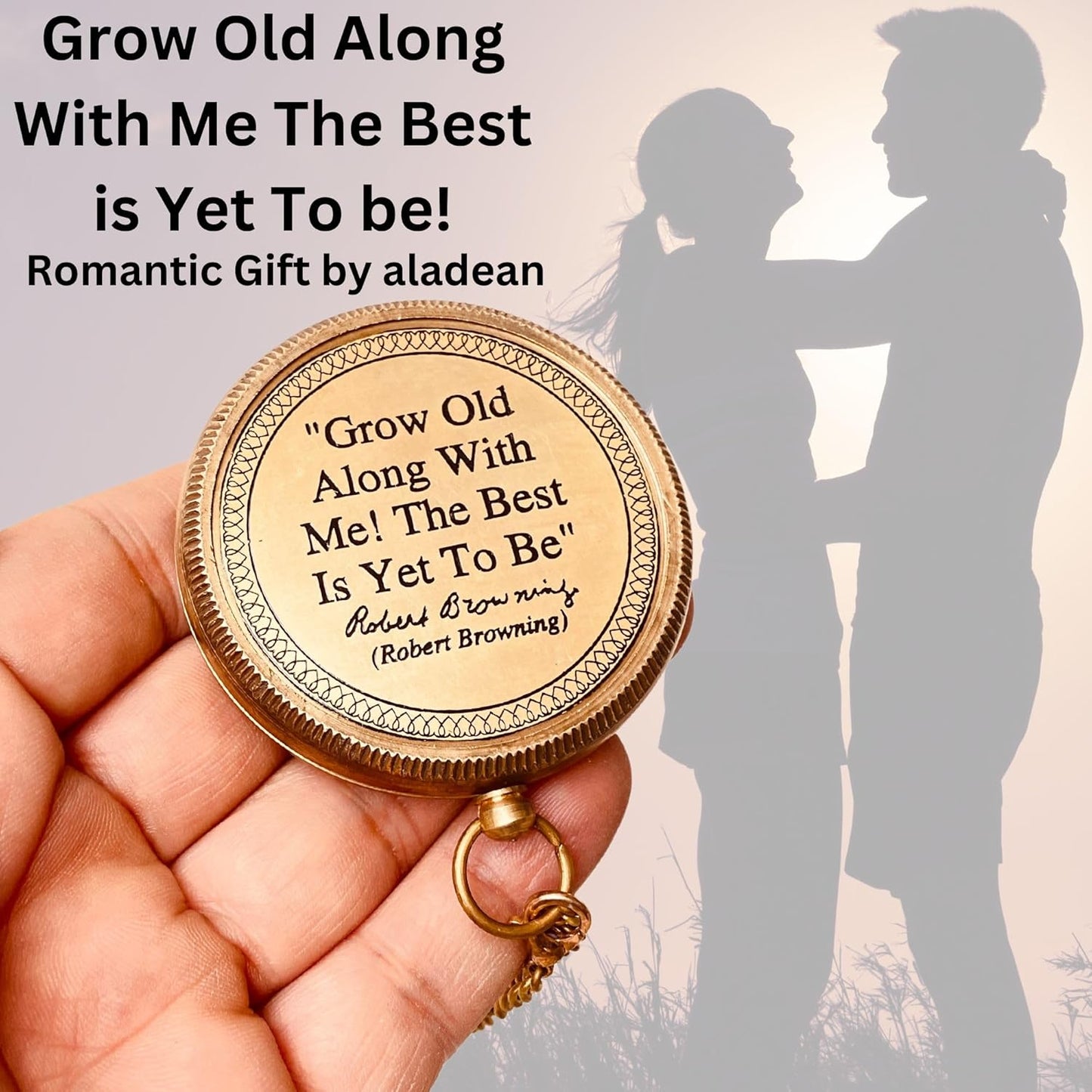 Gift for Husband Wife - Brass Compass 2" | Engraved Quote Birthday Wedding Anniversary Christmas Romantic Love Gifts idea for Boyfriend Girlfriend Men Women Him Her (Grow Old Along with Me)