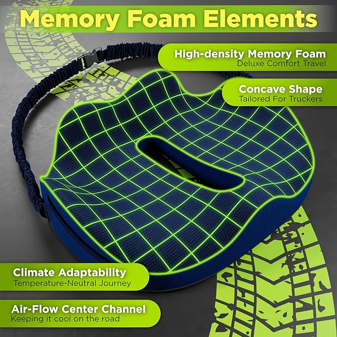 Large Truck Seat Cushion for Truck Driver Seat Cushion - Upgraded Back Support, CertiPUR-US® Certified - Thick Memory Foam, Pain Relief for Hours of Driving, Trucker Approved Big Rig - Navy