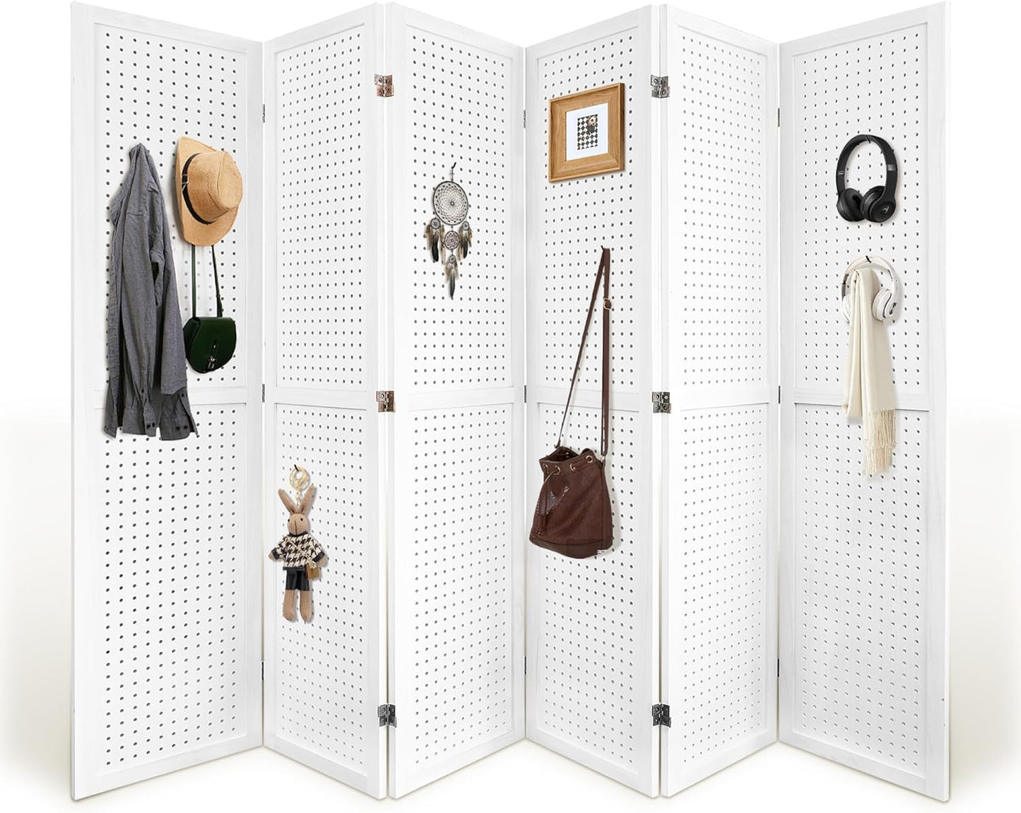 Room Divider, 5.6FT Folding Room Divider Panel, 6 Panel Pegboard Display Wood Partition Wall Divider for Room Separation& Craft Shows, White