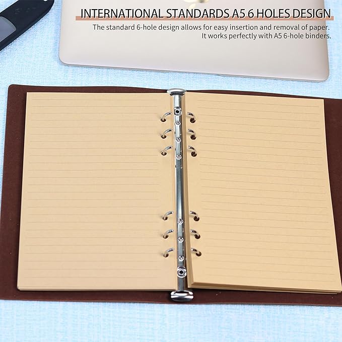 A5 Lined Vintage Kraft Paper, Vintage A5 Flipchart Binder Refill Paper,for 6-Ring Binders Planner Traveller Journal Notebook Dairy, 80 Sheets (160 Pages) (Line-Retro-A5)