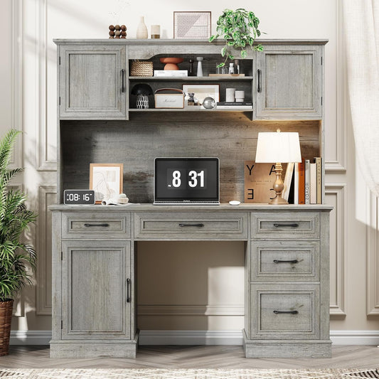 67" H Farmhouse Executive Desk with Hutch. Wood Workstation with 5 Drawers, Storage Cabinet, File Drawers and Charging Station, Ideal as Office Desk, Computer Desk for Home Office and Study.Gray