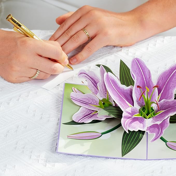 Paper Love 3D Purple Lilies Pop Up Card, Gift for Birthday, Wedding, Anniversary, Mothers Day, Thank You, Get Well, All Occasion or Just Because - 5" x 7" Cover - Includes Envelope and Note Tag