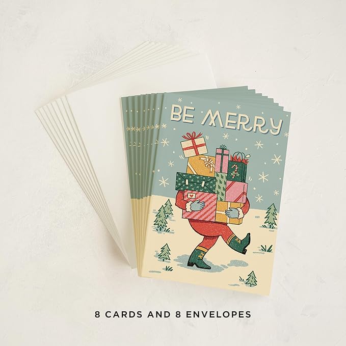 Minted Be Merry Holiday Cards, 8 Cards with Envelopes, Folded 5x7 Christmas Card with Santa Carrying Gift Boxes Illustration, Retro-Inspired Classic Christmas Design, Luxurious Paper, Blank Inside