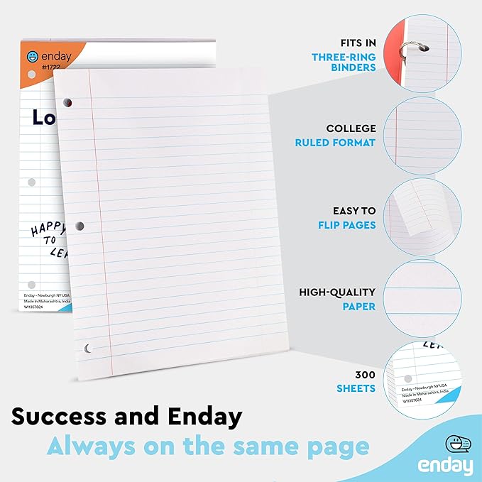 Loose Leaf Paper Bulk, 3600 Sheets, College Ruled, (24 Pack) 150 Sheets Per Pack, 8" x 10.5" White Filler Paper, 3 Hole Punched Binder Paper for 3 Ring Binders, Notebook Paper - By Enday