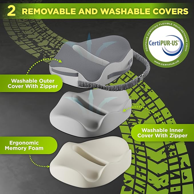 Large Truck Seat Cushion for Truck Driver Seat Cushion - Upgraded Back Support, CertiPUR-US® Certified - Thick Memory Foam, Pain Relief for Hours of Driving, Trucker Approved Big Rig - Gray