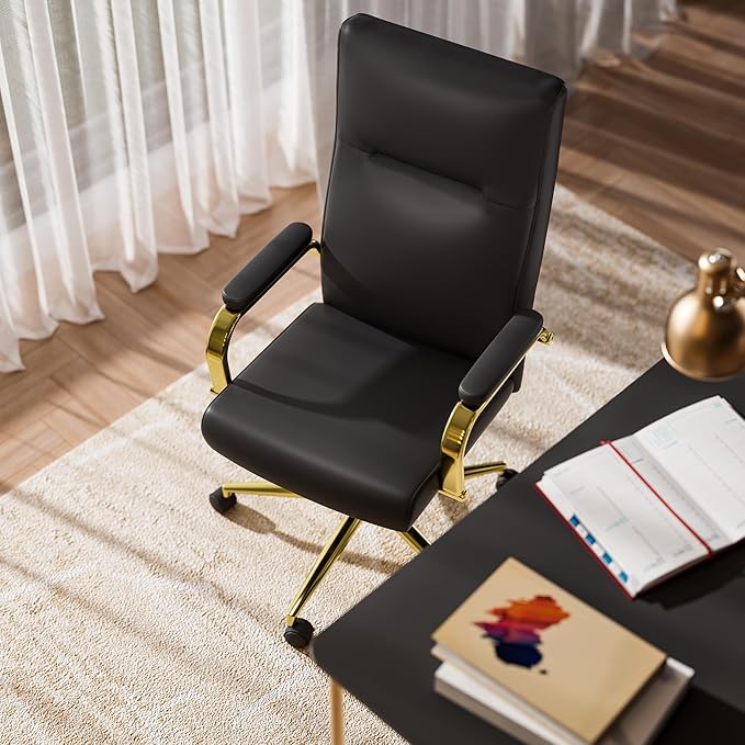 Black and Gold Office Chair Memory Foam, High Back Office Chair with Arms and Wheels, Leather Executive Computer Desk Chair with Back Support for Women Girls and Adults